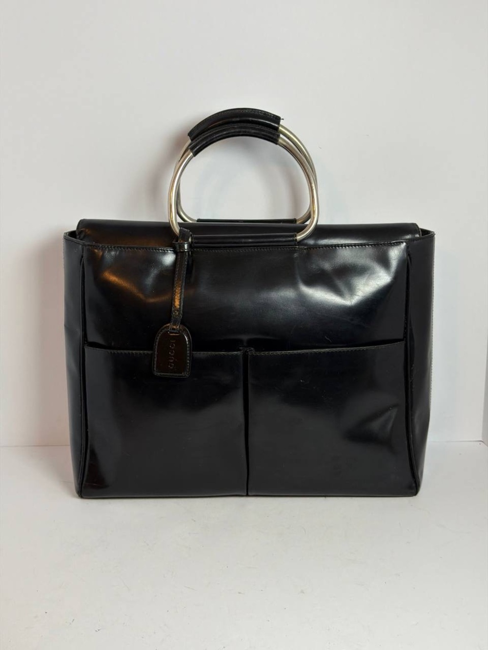 Vintage Gucci Tom Ford Era Metal Ring Handle Sleek Black Patent Leather Handbag
